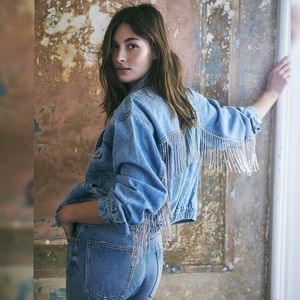 Free People Fringe Denim Bomber Jacket Meteor Wash